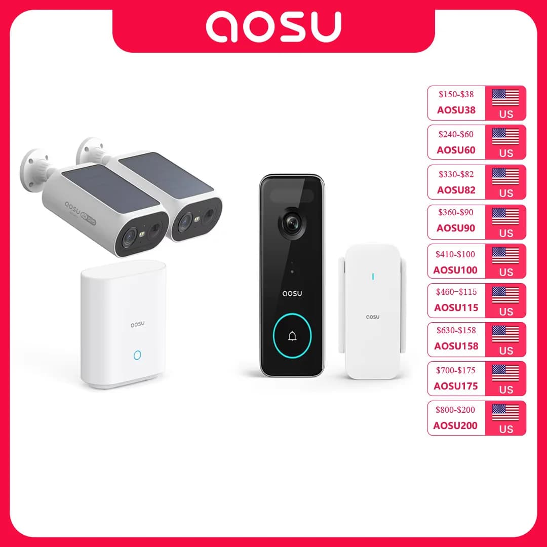 AOSU 3MP Solar Camera System 2 Cam Kit Wireless Camera System and 5MP Video Doorbell Triple Motion Detection 2.4/5 GHz WiFi