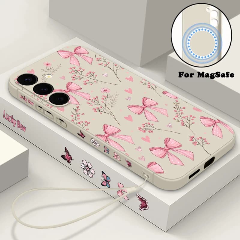 Custodia magnetica con stampa bowknot rosa per Samsung Galaxy S24 FE S25 S24 S23 S22 Ultra Plus per copertura con cordino di ricarica wireless Magsafe
