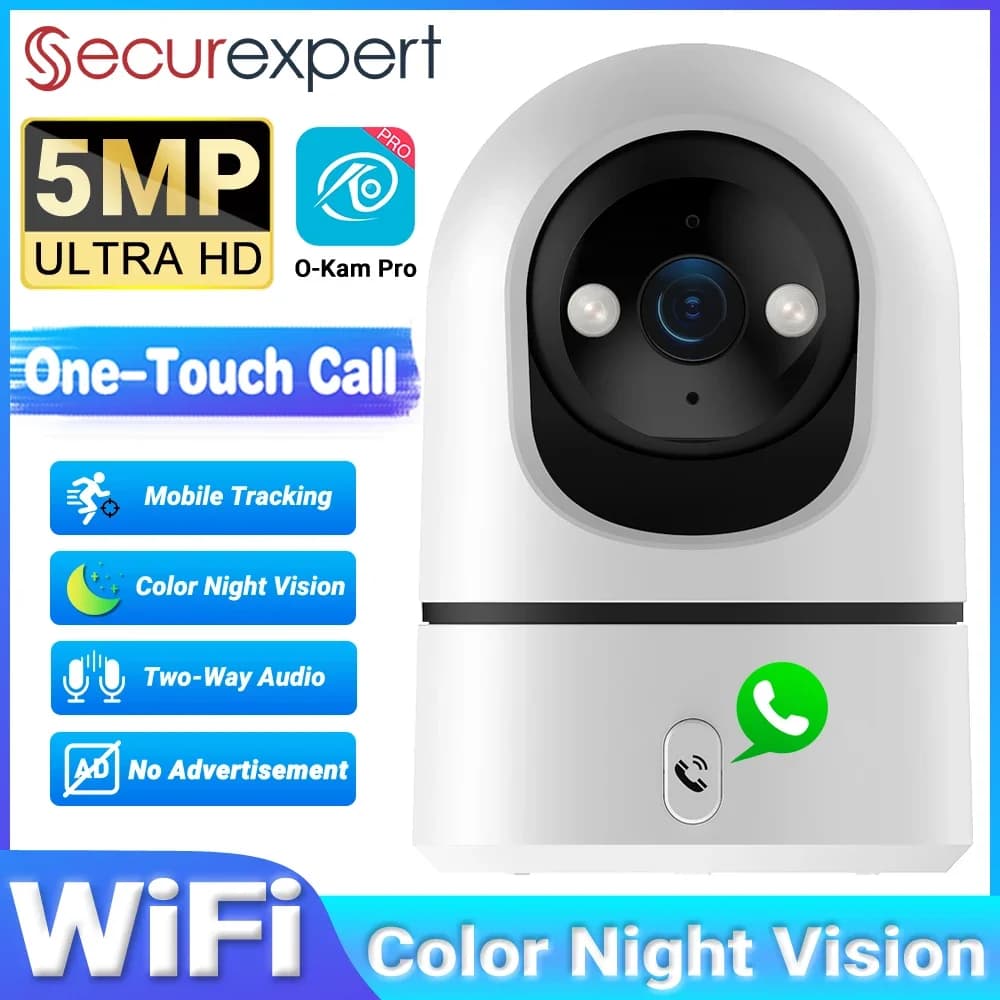 Telecamera di sicurezza per baby monitor da interno WiFi 5MP 2.4G/5G, chiamata one-touch, visione notturna a colori, zoom 4X, 355 ° Tracciamento automatico PTZ O-Kam