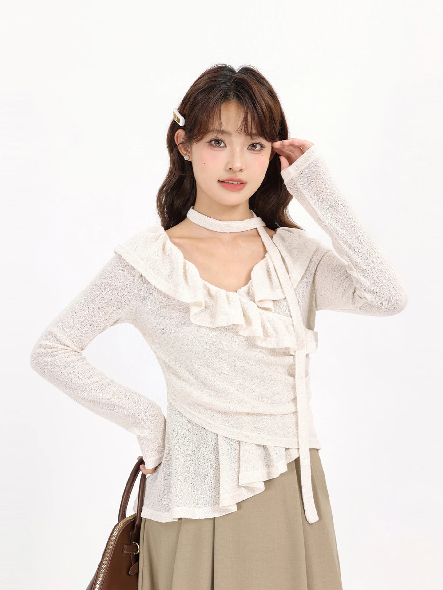 Top in maglia effetto snellente con scollo a V, orlo asimmetrico e pizzo, stile francese, morbido, a maniche lunghe, da donna, per l'inizio dell'autunno