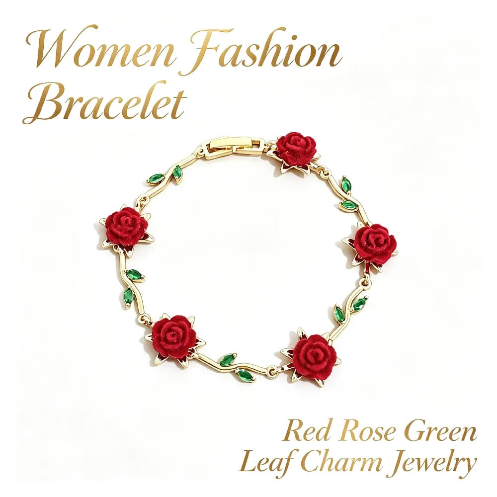 Greatera Woman Stainless Steel Green Zircon Vine Bracelet Dainty Red Rose Hand Chain Party Classic Romantic Waterproof Jewelry