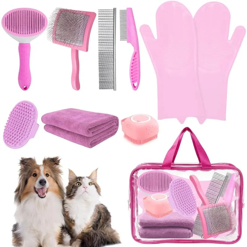 8-Piece Plastic Stainless Steel Dog Grooming Brush Set Includes Towel Bathing Glove Dematting Comb and Shampoo/Bath Brush