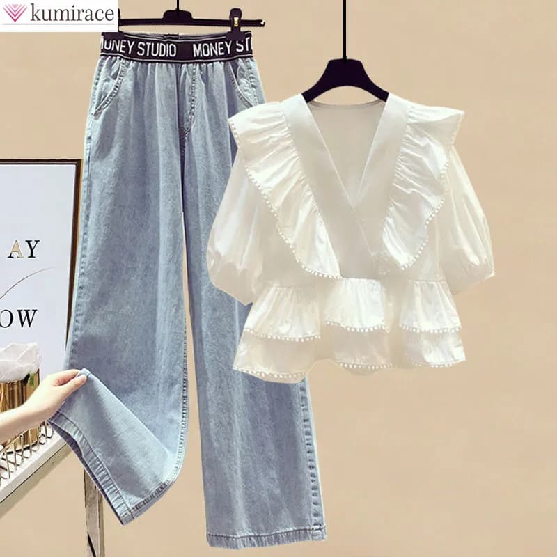 Pantaloni da donna eleganti estivi Set camicia in chiffon pieghettato Top Jeans sportivi Set da due pezzi Tailleur pantalone Abbigliamento femminile Tuta