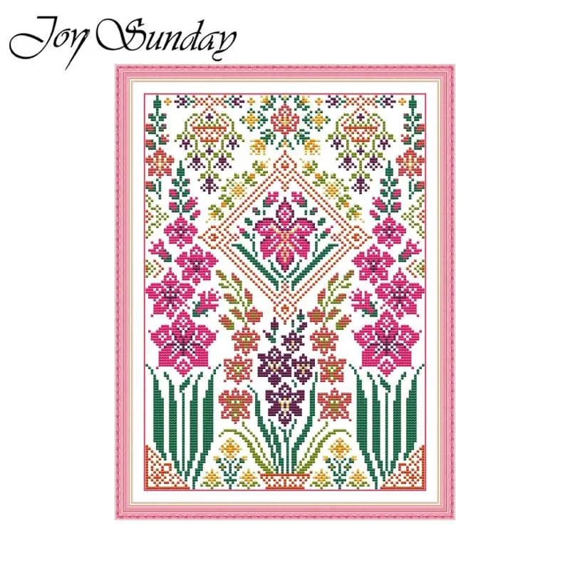 JoySunday Embroidered Flowers Printed Cross Stitch Kits Aida 16CT 14CT 11CT DIY Fabric Folk Craft DMC Thread Hand Embroidery Set