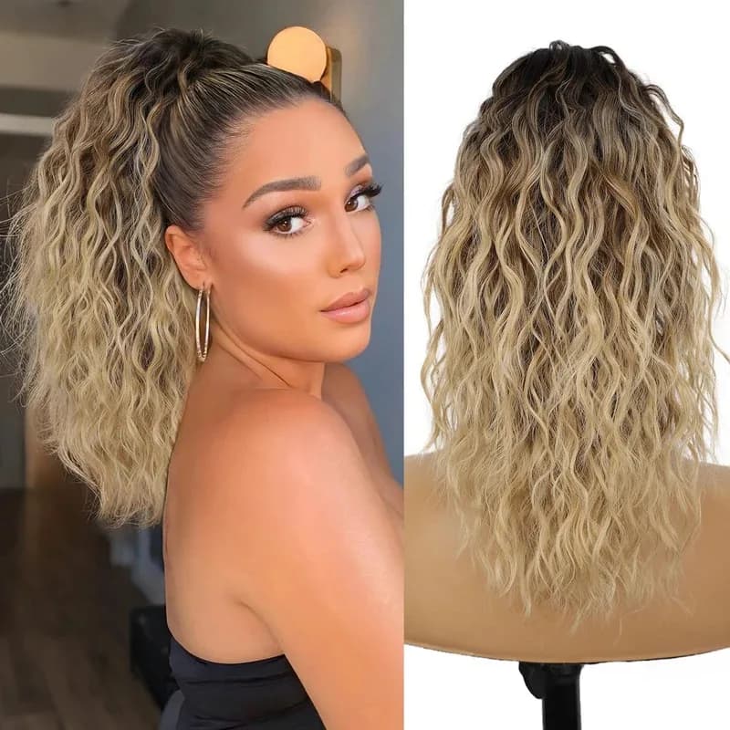 160g Pesante Ombre Nero Biondo Ricci Coda di cavallo Artiglio Lungo Ondulato Coda di cavallo Clip sintetica nelle estensioni dei capelli Soffici dall'aspetto naturale