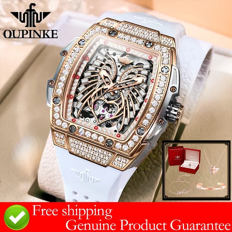 OUPINKE 3225 Set di orologi da donna impermeabili, eleganti, con quadrante con diamanti, orologio automatico da donna, bracciale, collana, orologio.