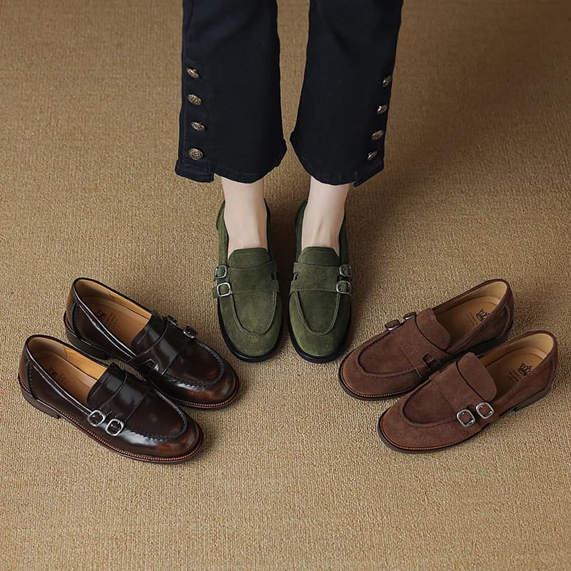 2026 new spring autumn women pumps natural leather plus size 22-25.5cm cowhide/cow suede+pigskin buckle loafers women shoes