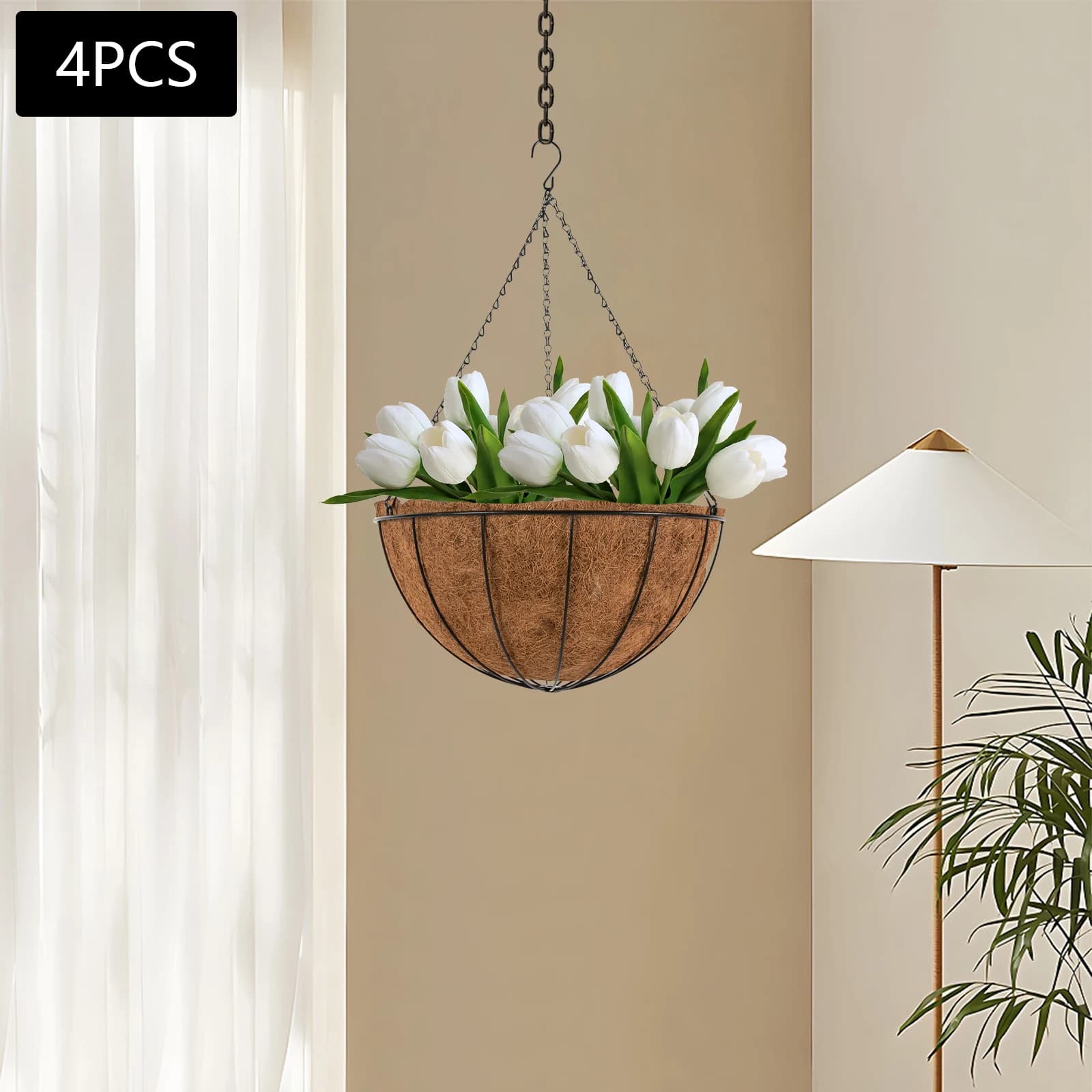 Cestini sospesi per piante da esterno da 16 pollici, fioriere da giardino grandi da 4 pezzi con fori di drenaggio, vasi da fiori in plastica per l'arredamento del ponte del patio