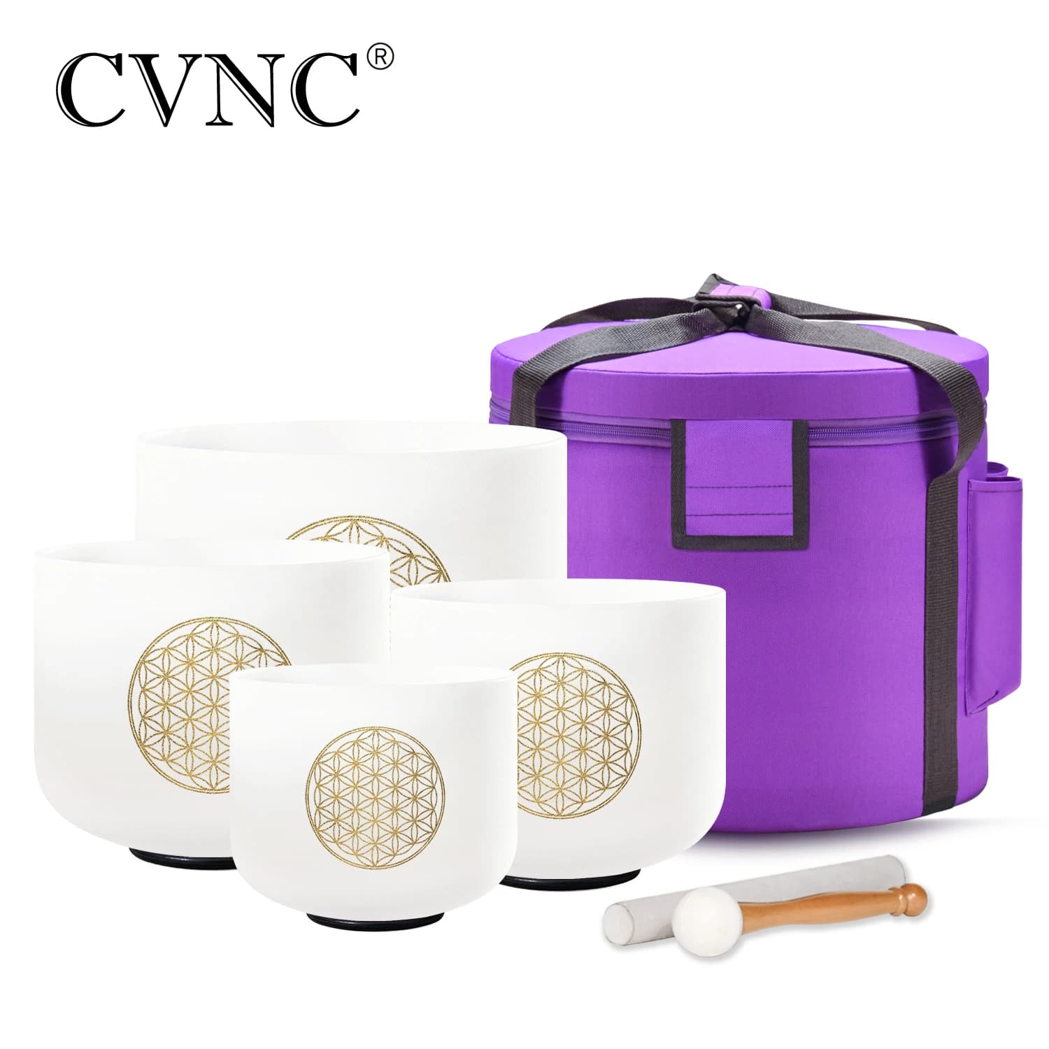 CVNC 7"B 9"G 11"E 13"D Flower of Life Crystal Singing Bowls Chakra Set with Free Case