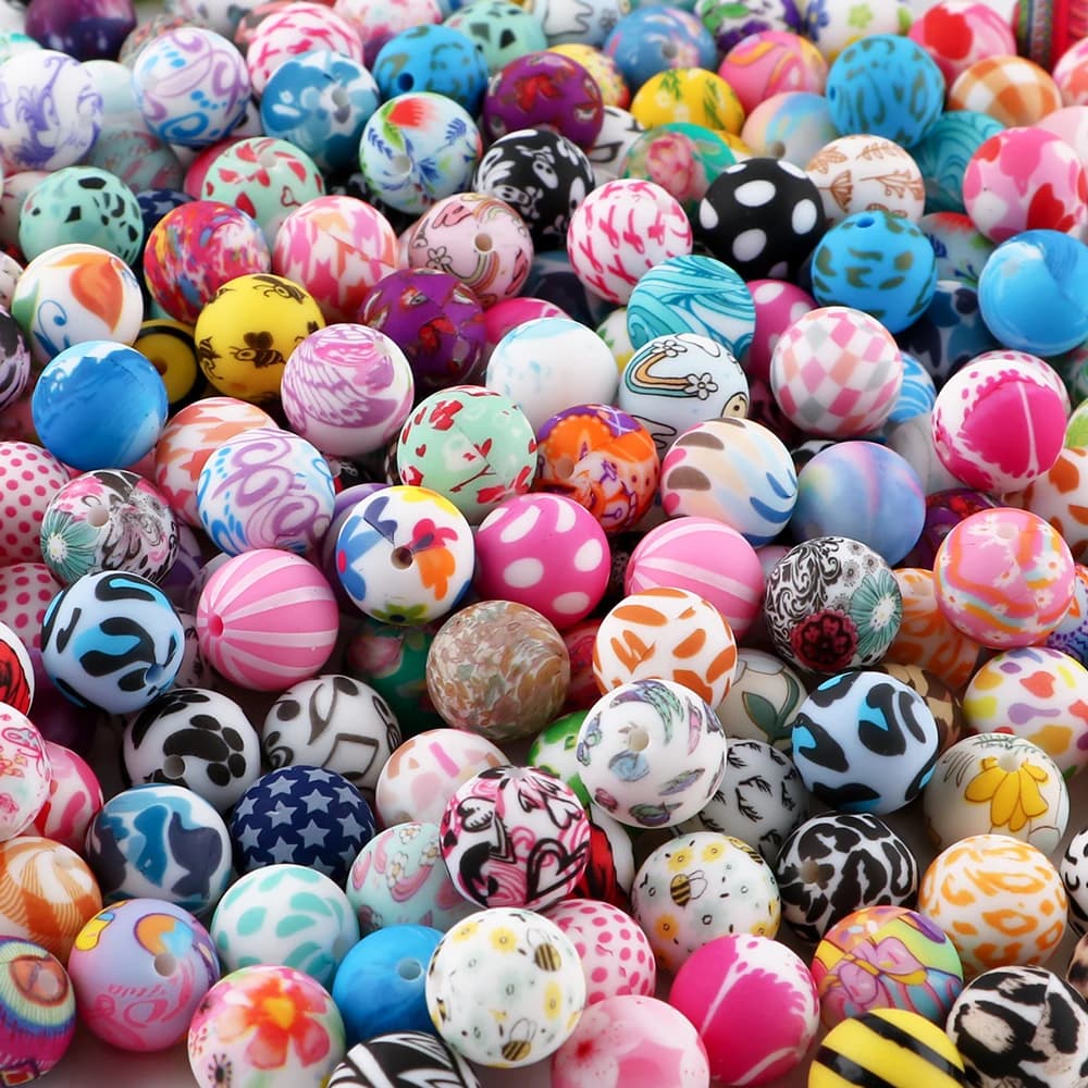 20 pezzi/borsa 15 mm perline in silicone stampate miste per gioielli fai da te, bracciali, portachiavi, ecc.