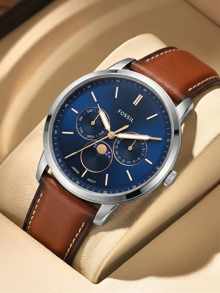 Fossil FS5903 Neutra Moonphase Multifunction Quartz Watch Mens 42mm Blue Dial Brown Leather Strap 5ATM Waterproof Casual Reloj