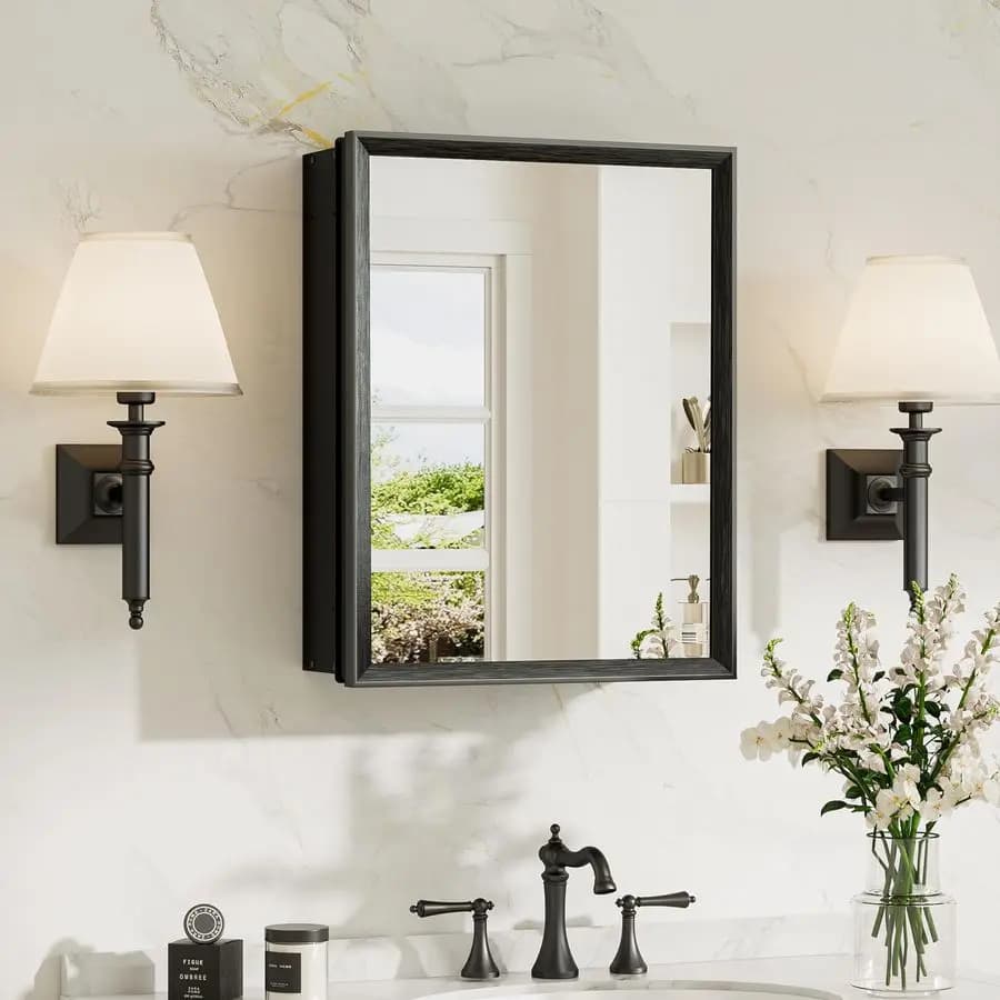 Armadietto per medicinali da incasso 14 x 18, montaggio richiesto, armadietto per medicinali da bagno nero con specchio, ripiani regolabili progressivamente.