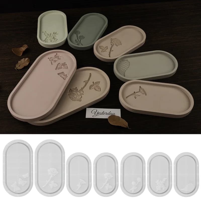 1pcs Oval Tray Plaster Silicone Mold DIY Carved Rose Butterfly Jewelry Display Storage Plate Epoxy Resin Molds Home Decor Crafts