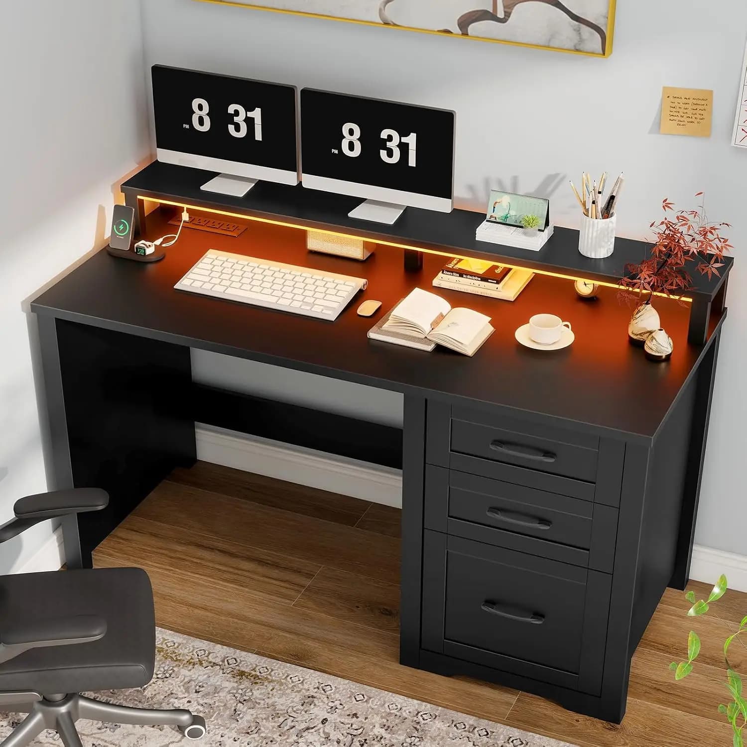 47" Farmhouse Desk with 3 Drawers, LED Lights, Monitor Stand, Power Outlets, Large Workspace for Work Study, Customized