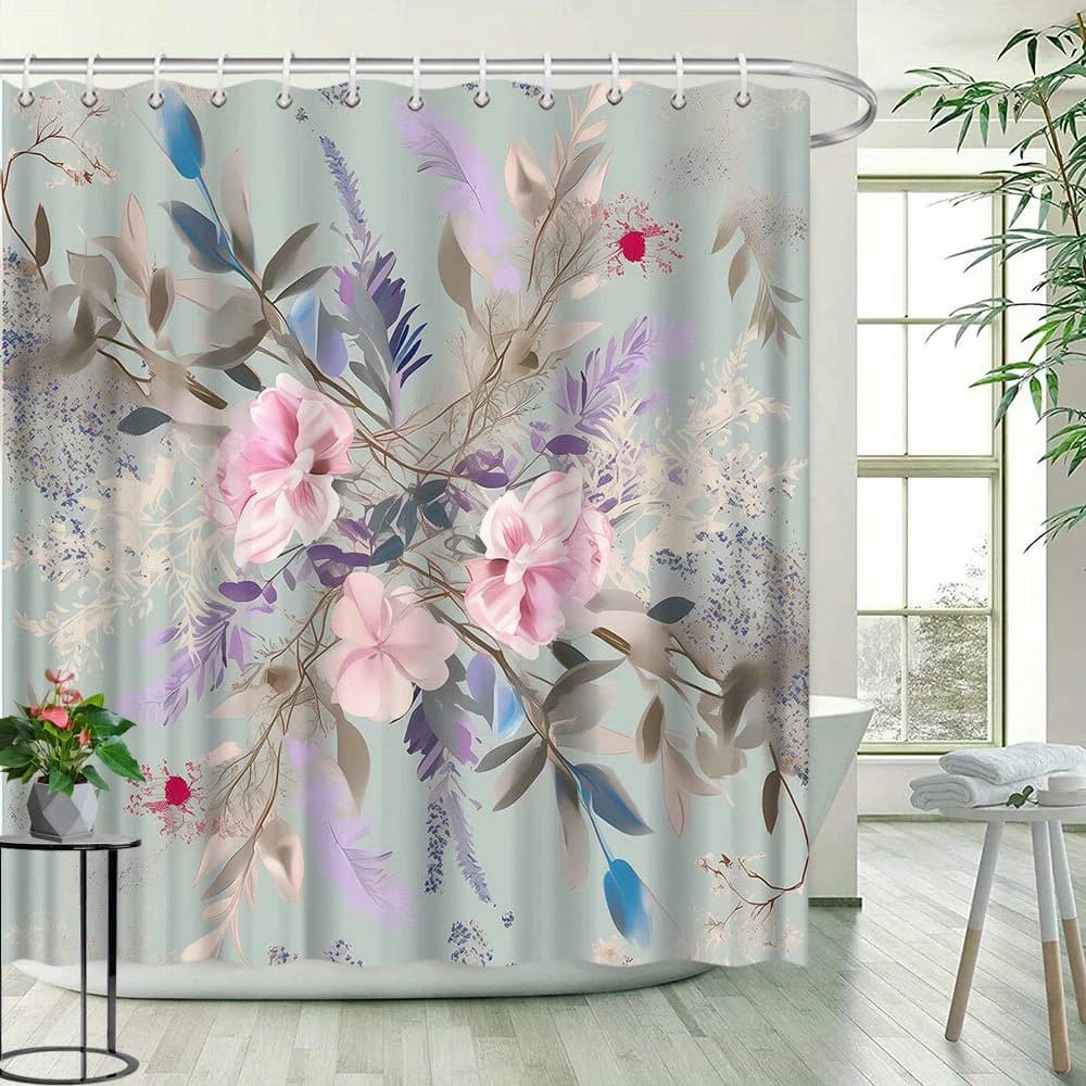 1 tenda da doccia con motivo floreale, decorazione per il bagno, tessuto in poliestere, contiene 12 ganci