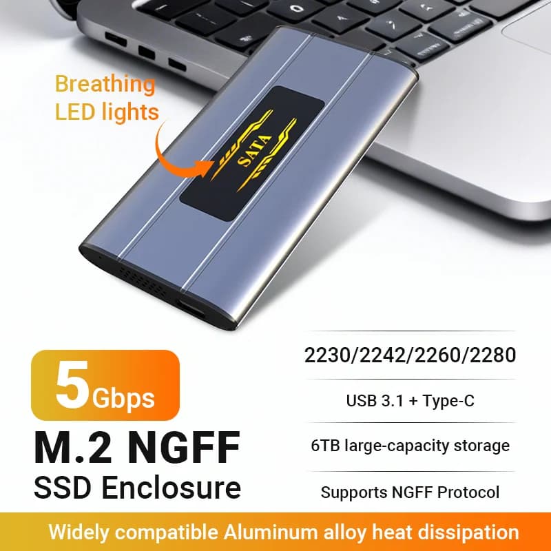 Custodia SSD M.2 NGFF SATA 6TB 5Gbps Adattatore USB 3.1 Type-C ad alta velocità NGFF SATA SSD Scatola esterna in lega di alluminio