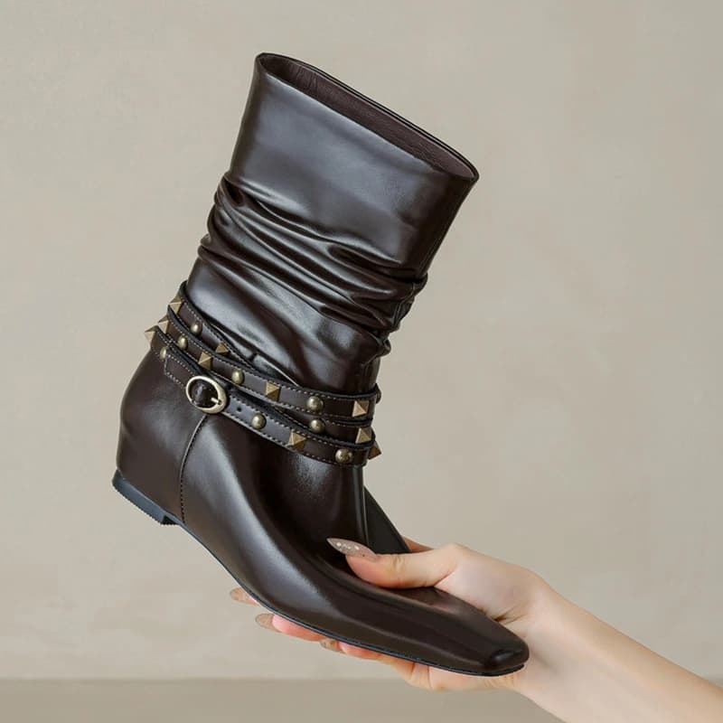NEW Autumn/Winter Women Boots Split Leather Shoes Women Square Toe Height Increasing Shoes Rivet Slip-on Pleated Modern Boots
