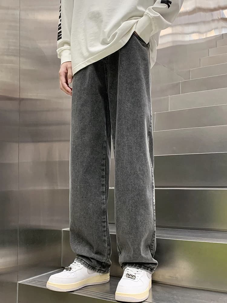 Smoke Grey Men's Jeans Spring Autumn Loose Straight Leg Wide Leg Floor Length Casual Trousers Pure Colour Trendy Brand