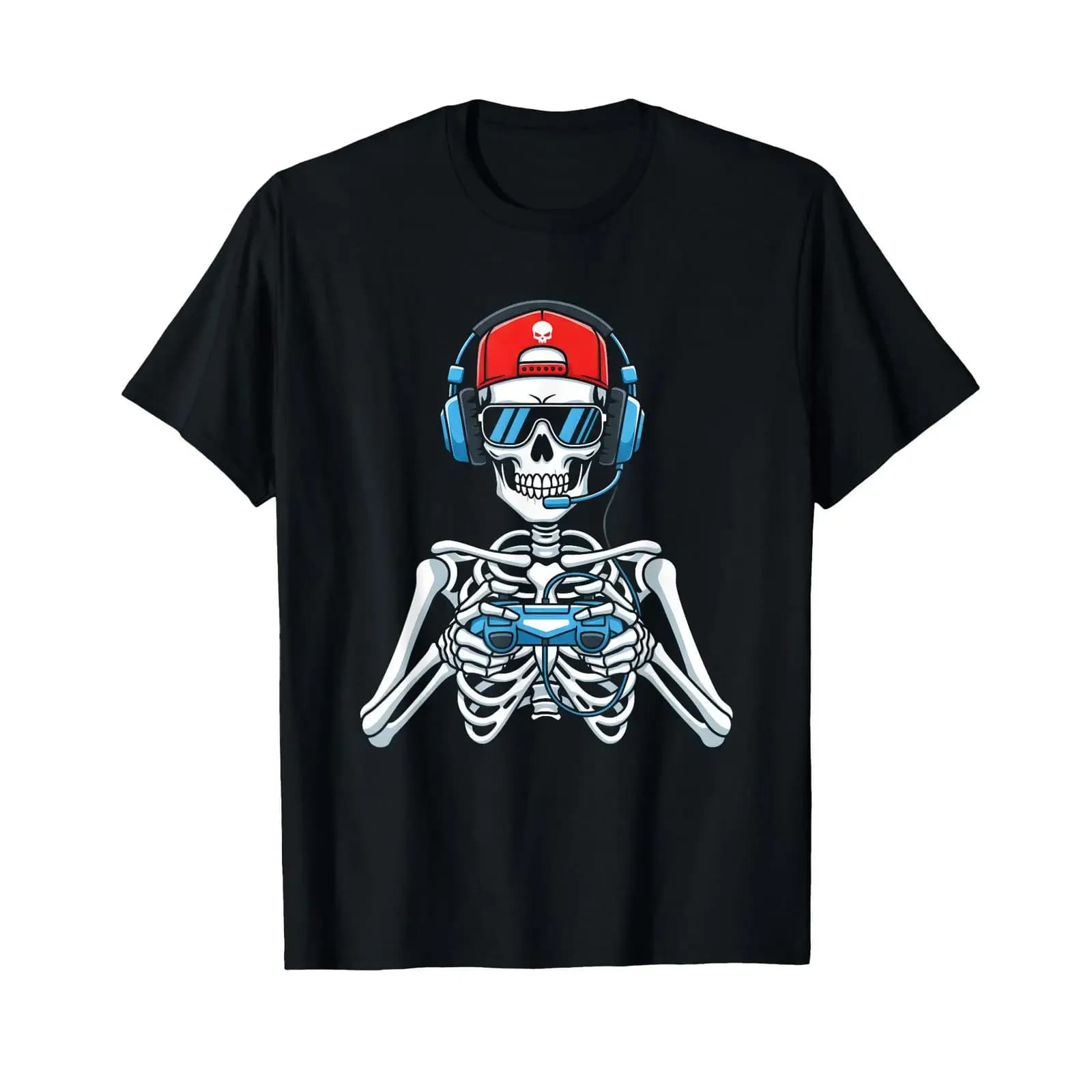 T-shirt vintage con stampa di scheletro gamer divertente, cuffie da gaming e gamepad per videogiochi, effetto lavato, streetwear, morbida, leggermente alla moda ed elegante
