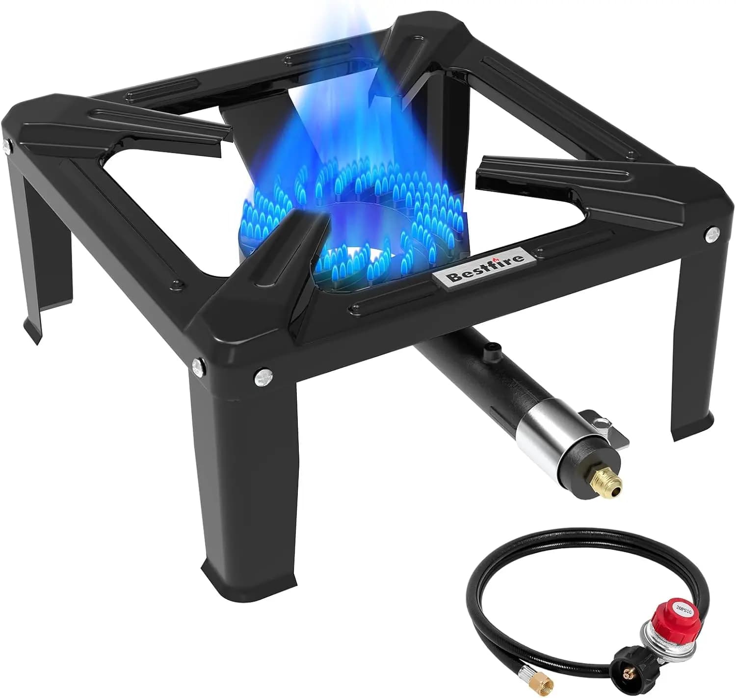 Bruciatore a propano ad alta pressione, fornello singolo da 120K BTU con tubo flessibile e regolatore regolabili, piano cottura quadrato in acciaio da 16" per il campeggio