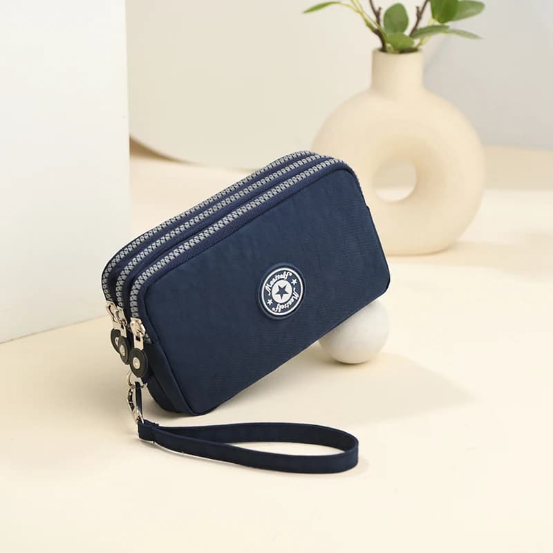 Nuovo portafoglio da donna in tessuto lavato ad acqua con tre cerniere, borsa per cellulare, borsa portatile a mano, piccola borsa quadrata
