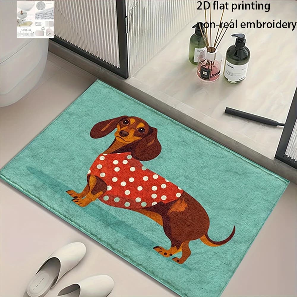 2D Flat-1pc Cute Dachshund Bath Mat , , Suitable for bedroom, kitchen, dining room, bathroom, blue velvet floor mats.