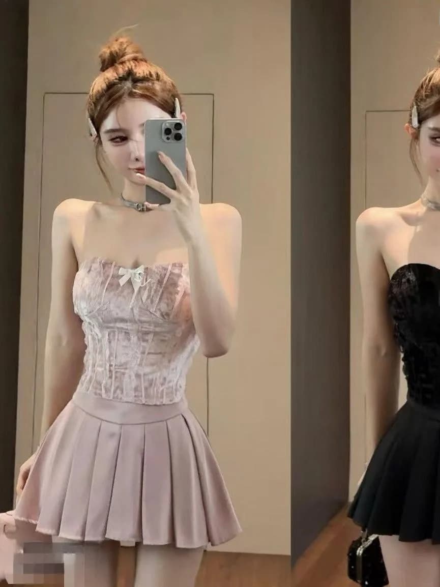 Completo da donna due pezzi: Top a fascia sexy e gonna corta a vita alta plissettata - Nuova collezione invernale