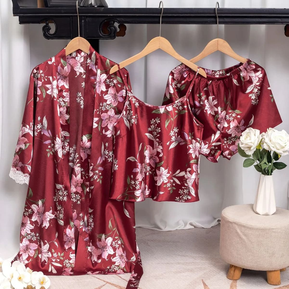 Pigiama femminile 3 pezzi Set pigiama da notte Sexy stampa floreale Kimono Accappatoio Camicia da notte Lingerie Raso di lusso Homewear Pigiama