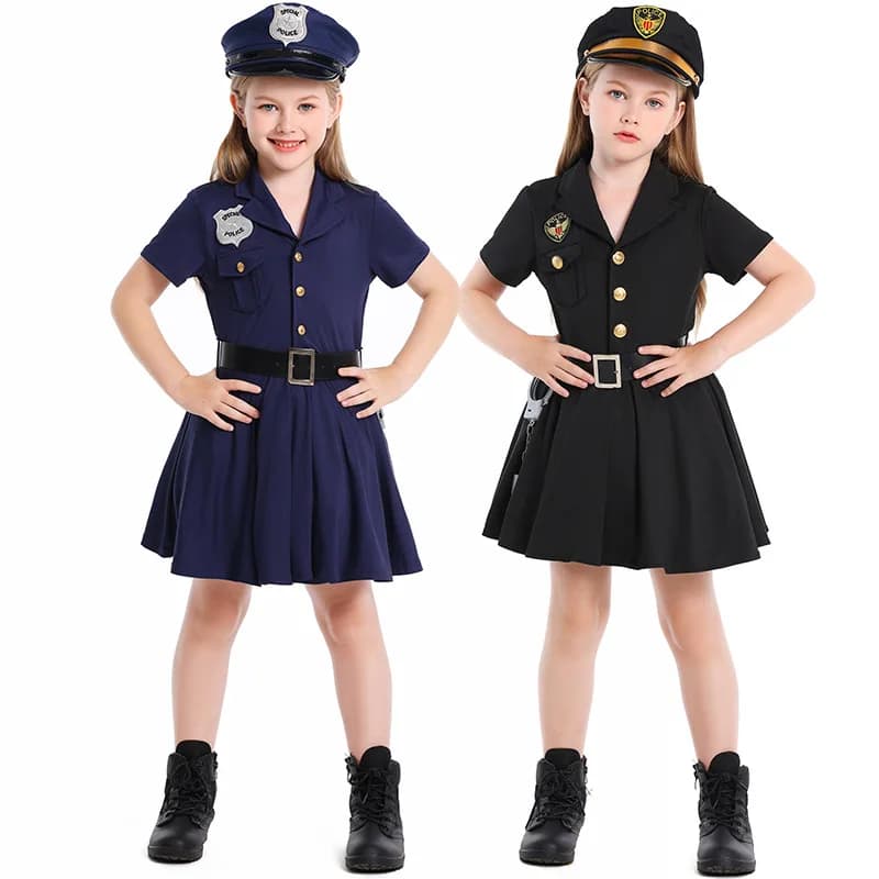 Girl Dresses Halloween Cosplay Costumes Kids Police Uniforms Hooded Dress Handcuffs Set of 4 Pieces Entertainment Dress for Carnival Party