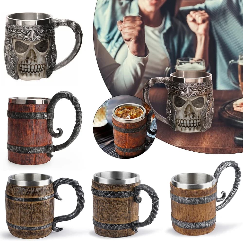 Boccale di birra in stile vichingo in legno simulazione barile di legno tazza di birra tazza da bere a doppia parete isolata in metallo 1 pz Bar bere muslimah