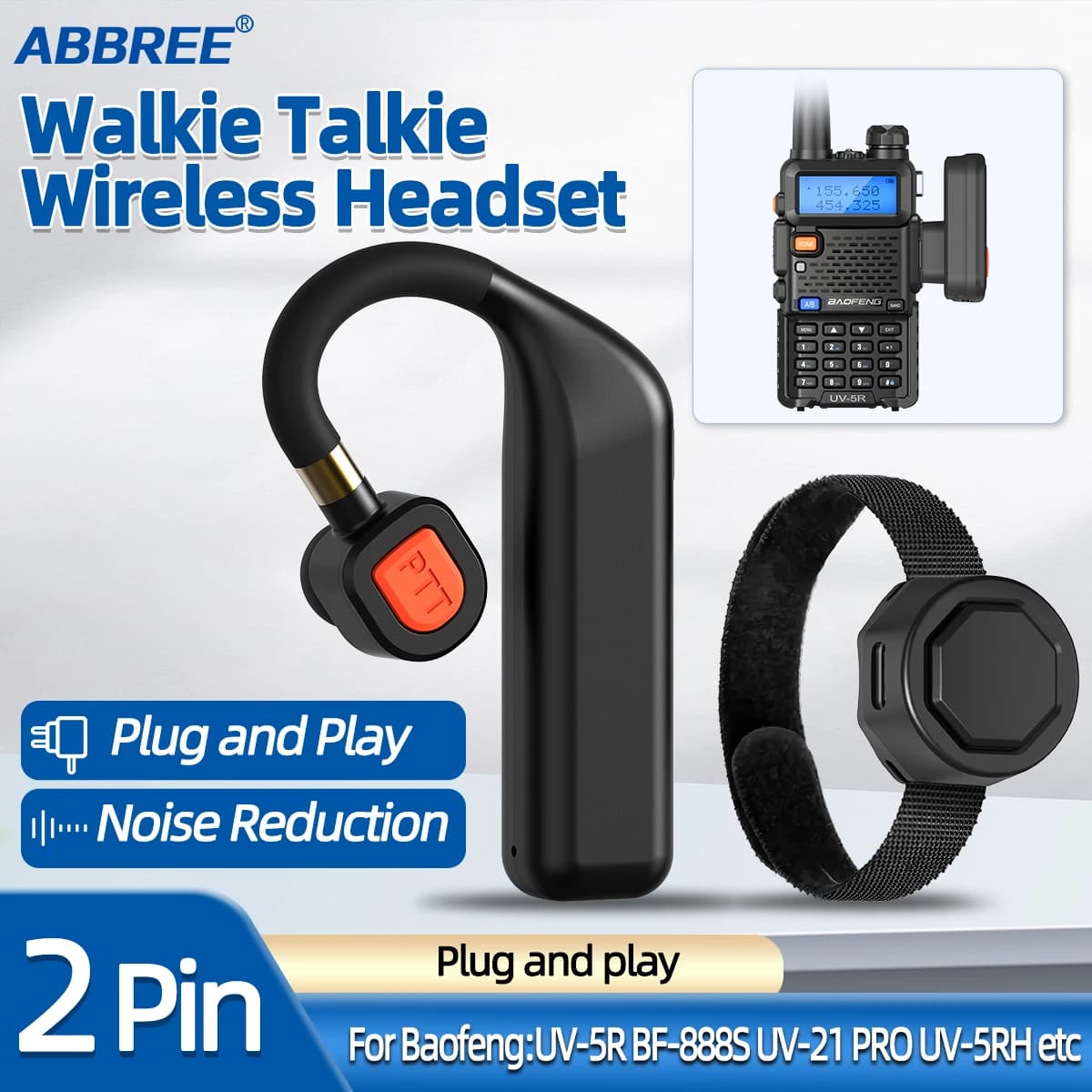 ABBREE BT-E2 Walkie Talkie 2.4G Auricolare wireless Riduzione del rumore Auricolare vivavoce di ricambio per UV-5R UV-32 UV-21