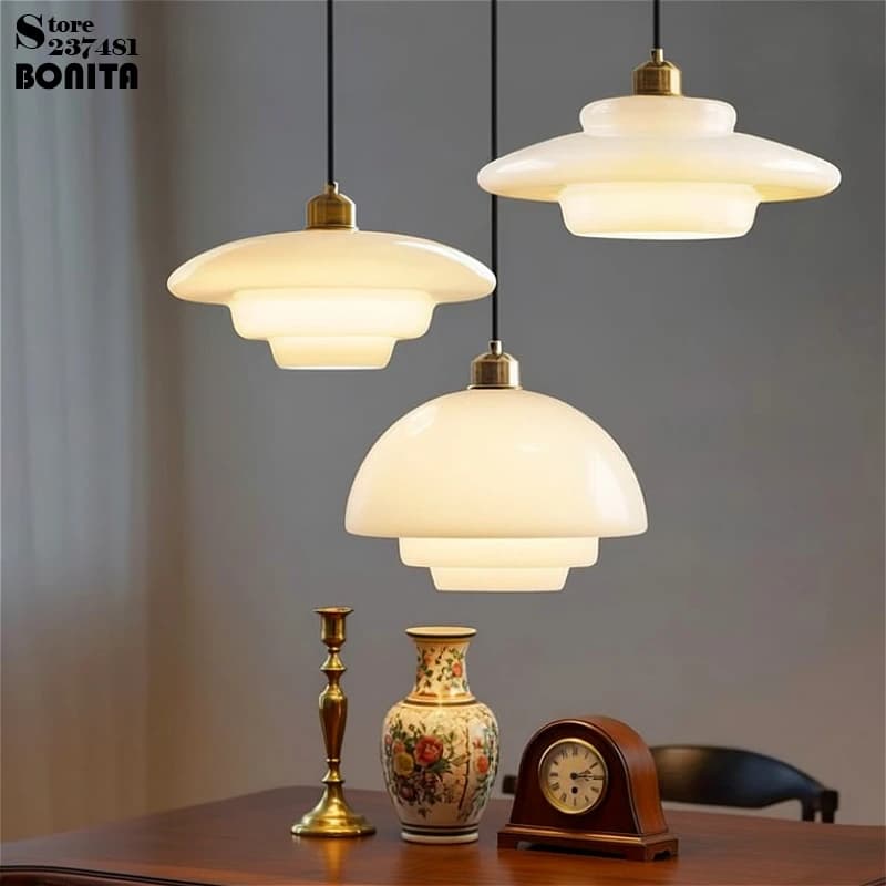 Lattiginous Glass Suspension Lamp Nordic Style for Dining Room/Bedroom, Soft Ambient Lighting, Vintage Brass Finish