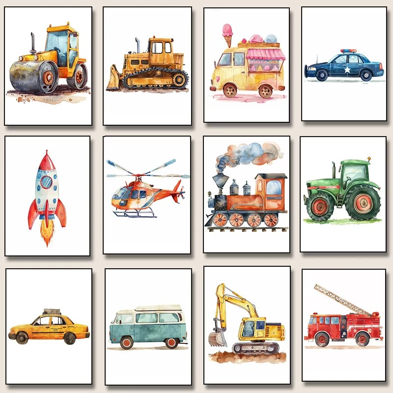 Poster con Diamanti di Elicottero, Camion dei Pompieri, Trattore, Aereo, Razzo, Quadro Decorativo Nordico per Cameretta Bambini, Asilo Nido, Arredamento Casa