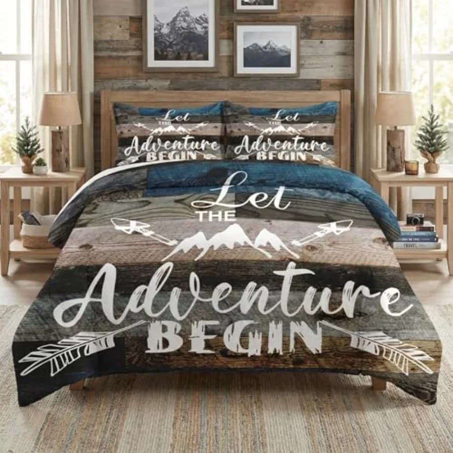 Set copripiumino con 2 federe, motivo Camp Adventure Motivational, 3 pezzi, biancheria da letto per adulti, vintage, ispiratore, morbido.