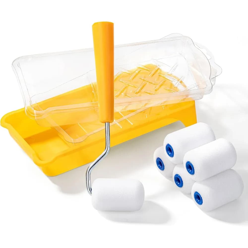 Kit rullo per pittura in schiuma da 2 pollici, 10 pezzi, kit rullo per pittura piccolo, 1 vassoio per pittura in plastica, 2 rivestimenti trasparenti usa e getta per vassoio, 1 telaio per rullo e 6 mini coperture in schiuma