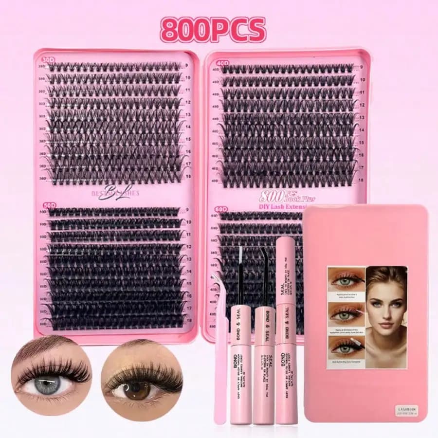 Set of 800 fake lashes made by you, includes adhesive and sealing, tweezers, light and reusable fake eyelashes with D curvature