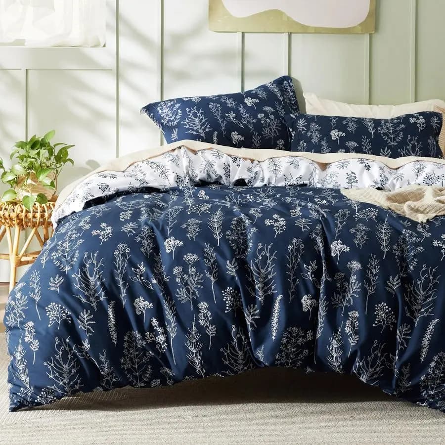 Copripiumino matrimoniale reversibile blu navy, set copripiumino matrimoniale con chiusura a cerniera, set biancheria da letto a 3 pezzi con motivo floreale.