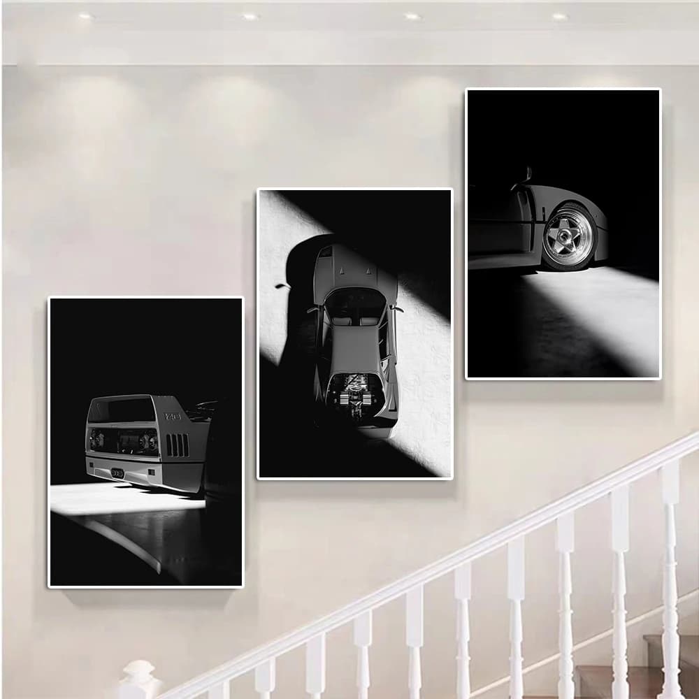 Classic Minimalist Sports Car F40 Poster Black And White Supercar Canvas Painting Luxury Racing Wall Art Boys Room Home Decor