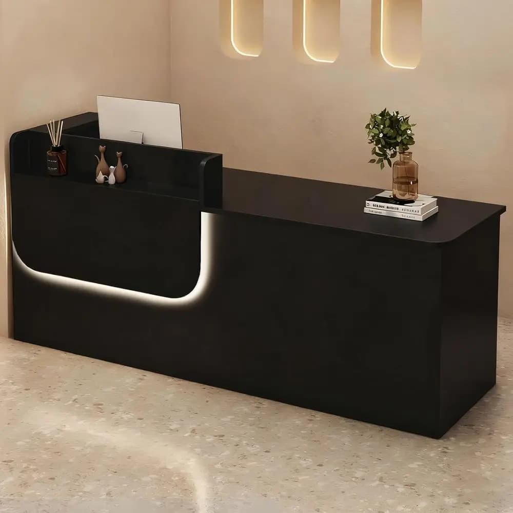 Scrivania Retion con bancone, striscia luminosa a LED, foro per la gestione dei cavi, mobiletto con serratura e vano portaoggetti, bancone da 39–102 pollici.