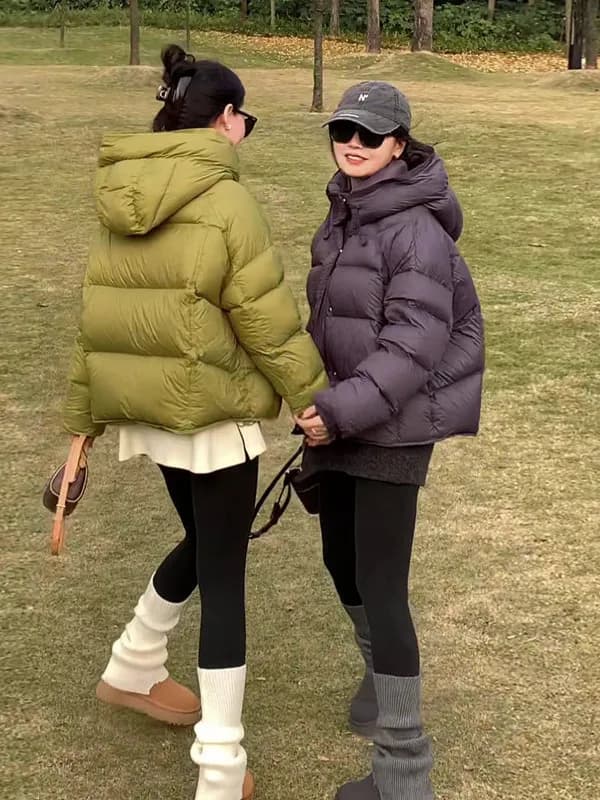 Piumino Corto da Donna Stile Coreano con Cappuccio in Piuma d'Anatra Bianca, Caldo e Imbottito, in Fibra di Poliestere