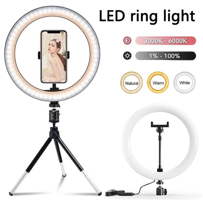 Luce ad anello LED da 12 pollici per fotografia, illuminazione per telefono, con treppiede, lampada rotonda USB per video in diretta su YouTube e telefono.