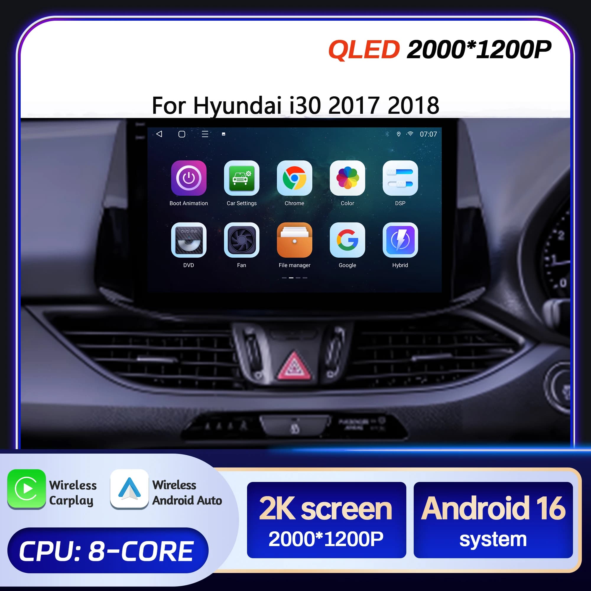 9" For Hyundai i30 2017 2018 Car Multimedia Radio Android 16 System BT Carplay Android Auto 2K QLED Screen GPS 5G WIFI
