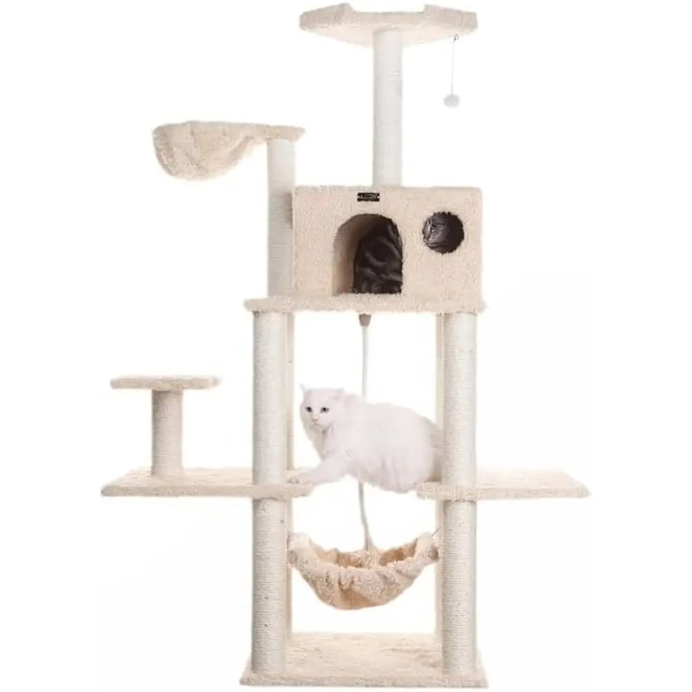Tiragraffi per Gatti Beige con Amaca e Casetta - Pali Resistenti ai Graffi - Montaggio Semplice