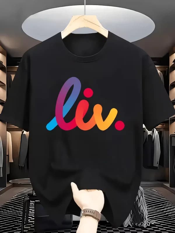 Trendy Men's and Women's Casual Black T-shirt with Vibrant Colorful Gradient Liv Cursive Print Short Sleeve Breathable Cotton Tee