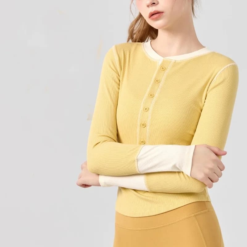 New Gym Slim Autumn Sports Contrast Top with Chest Pad Round Neck Long Sleeves Shirts Yoga Suits Wear Tops Pilates Running