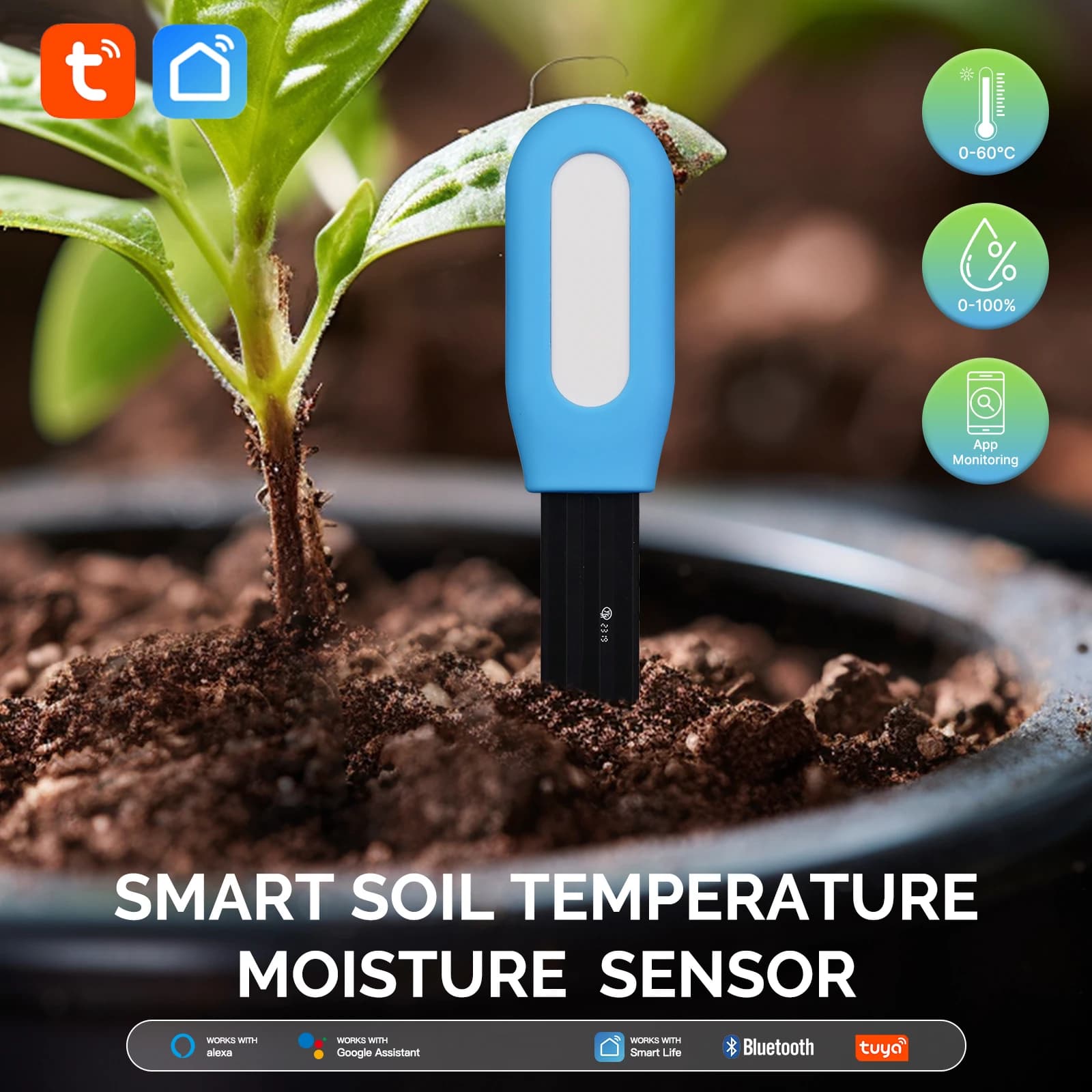 Tuya Smart Garden Misuratore di umidità del suolo Sensore di temperatura e umidità Igrometro per piante in vaso Monitor per piante Strumento di test umidità