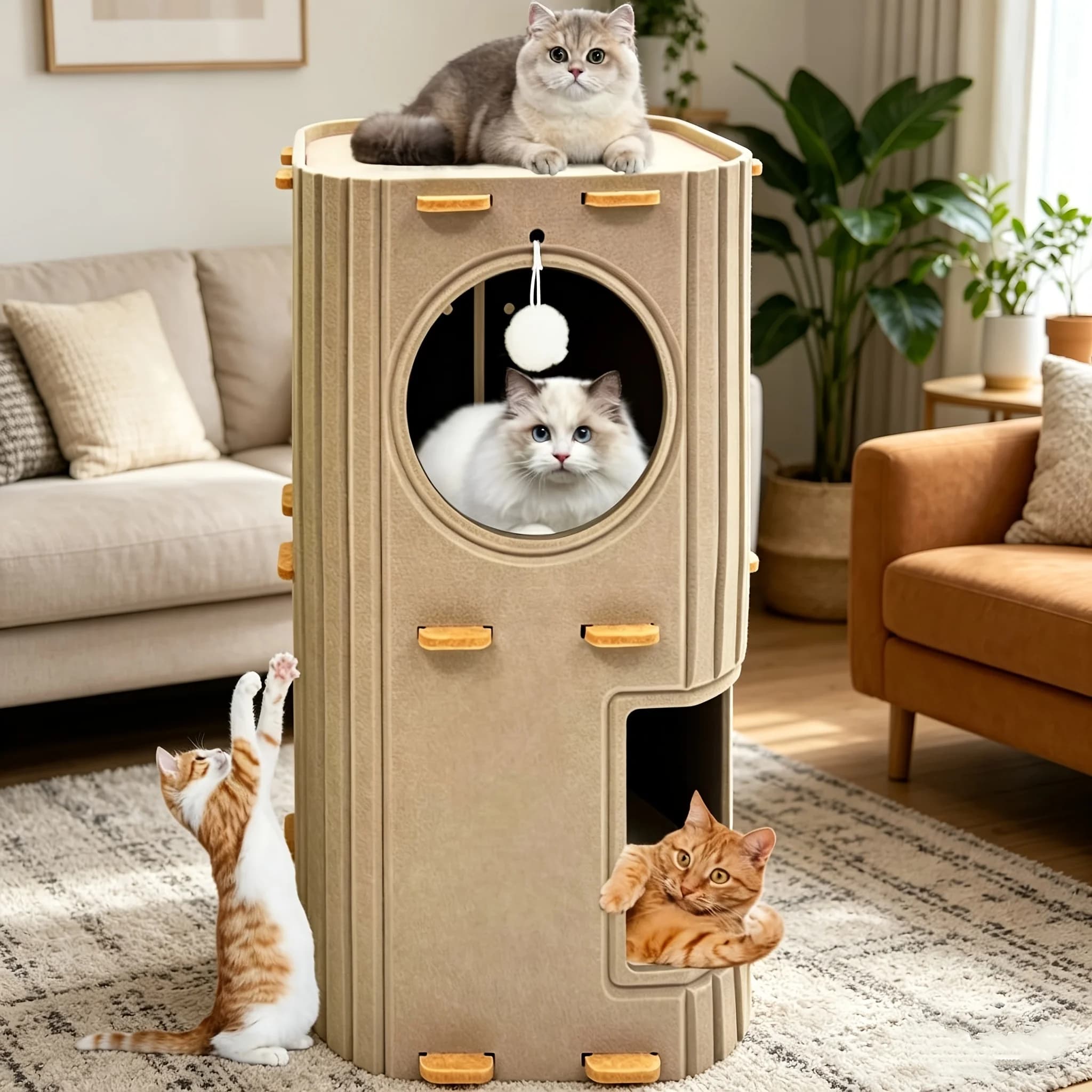 Cuccia per Gatti da Interno, Cuccia a 2 Piani in Feltro Accogliente con Tunnel Nascondiglio, Ampia Cuccia Multi-Gatto per Riposo e Gioco