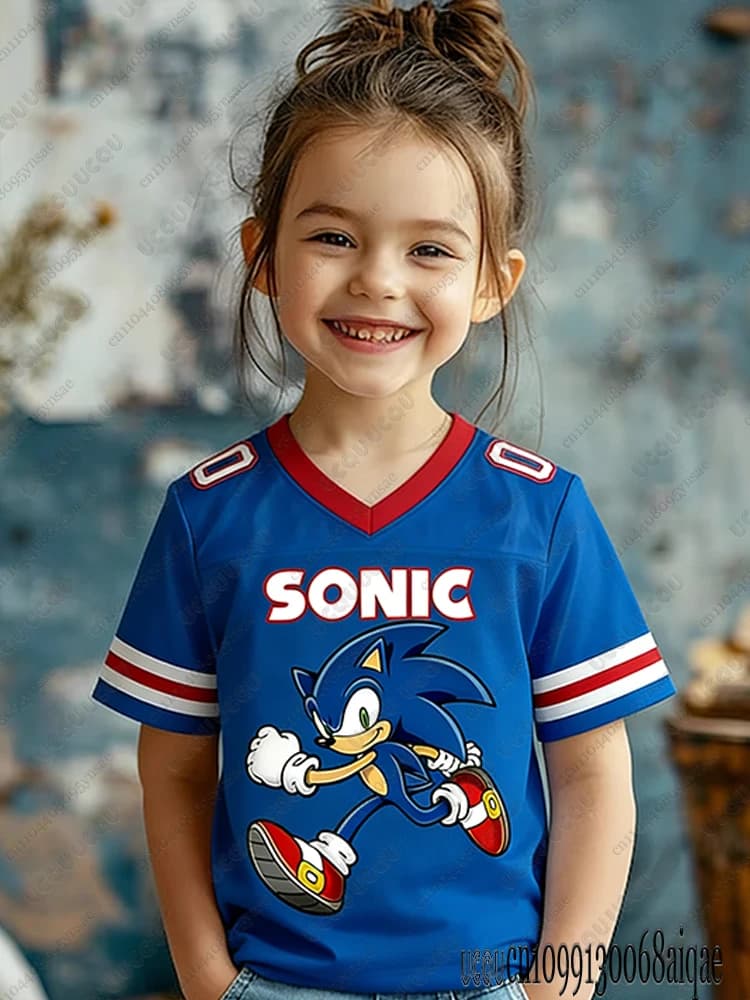 Maglie da calcio con stampa Cartoon Sonic per adulti/bambini, magliette sportive estive con scollo a V, abbigliamento cosplay Sonic, magliette da calcio per bambini