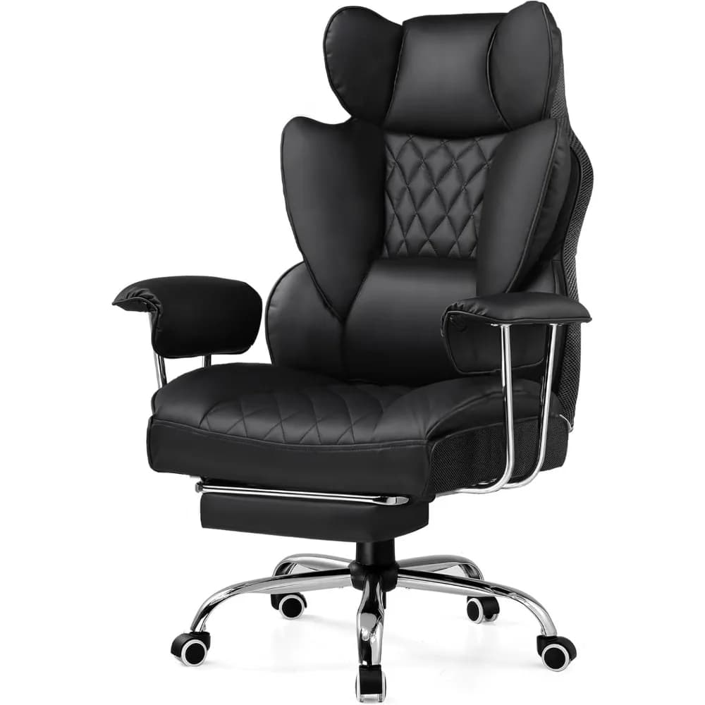 Sedia da Ufficio Ergonomica con Supporto Lombare a Molle Insacchettate, Seduta Larga, Braccioli Morbidi e Poggiapiedi in Pelle PU Nera