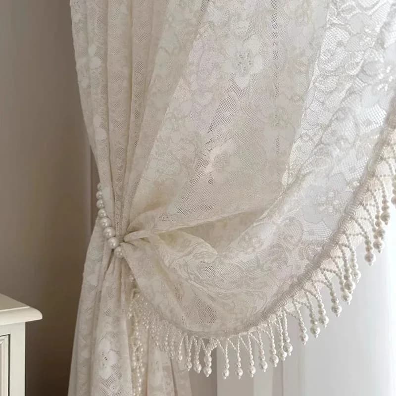 New Cream Lace Embroidered Screen Curtain Pearl Lace Curtains For Living Room Bedroom French Window Balcony Window Customized